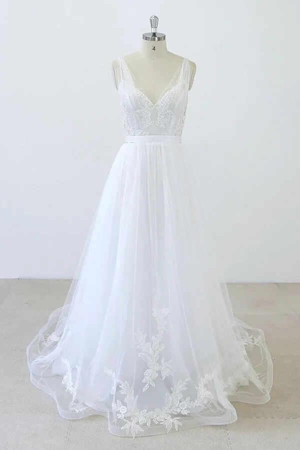 Long A-line V-neck Sweetheart Ruffle Applqiues Tulle Backless Wedding Dress