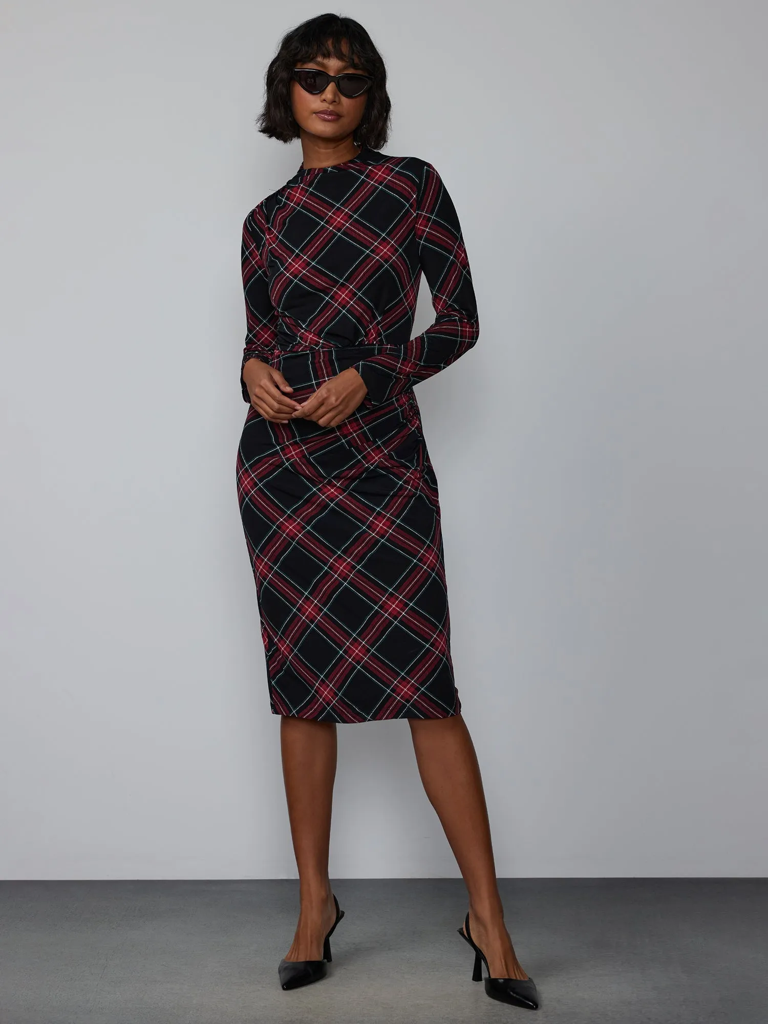 Long Sleeve Mock Ruched Plaid Dress