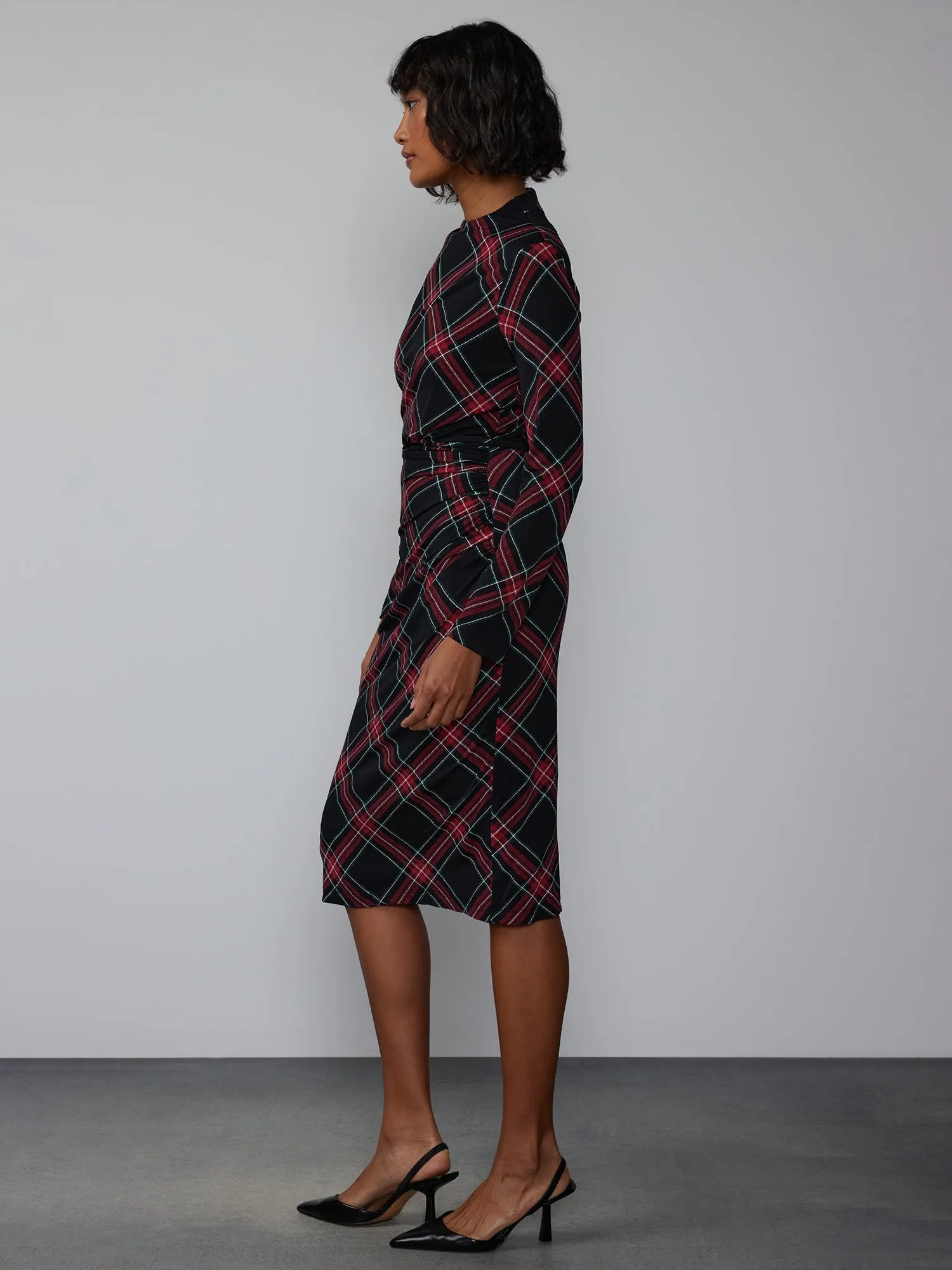 Long Sleeve Mock Ruched Plaid Dress