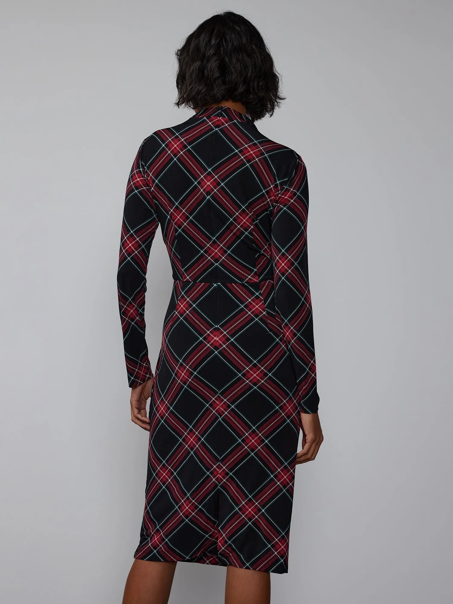 Long Sleeve Mock Ruched Plaid Dress