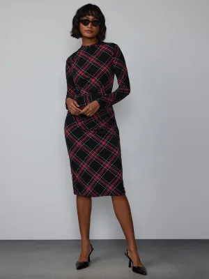 Long Sleeve Mock Ruched Plaid Dress