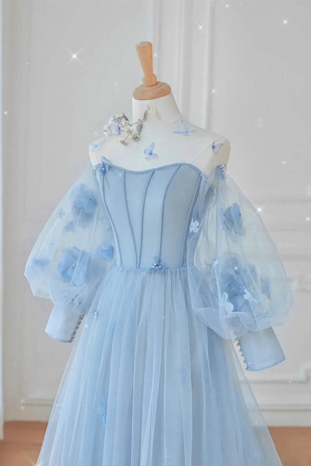 Long Sleeves Round Neck Light Blue Floral Long Prom Dresses, Light Blue Tulle Formal Dresses, Light Blue Evening Dresses with Flowers