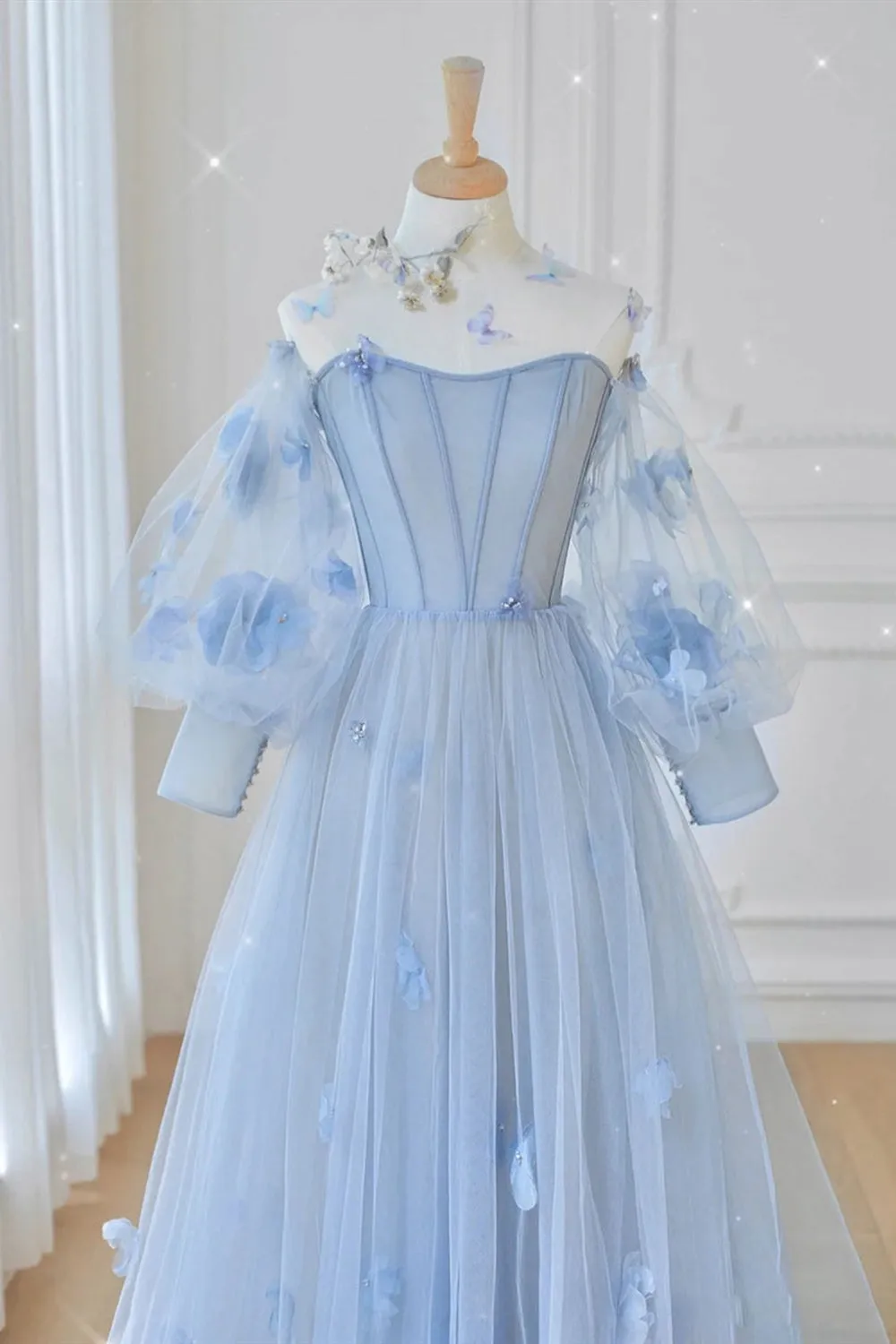 Long Sleeves Round Neck Light Blue Floral Long Prom Dresses, Light Blue Tulle Formal Dresses, Light Blue Evening Dresses with Flowers