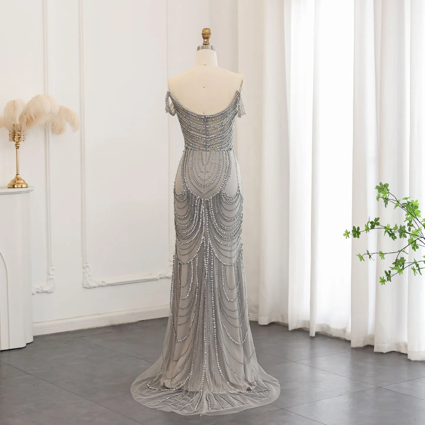 Luxury Crystal Silver Gray Mermaid Evening Dress SS403