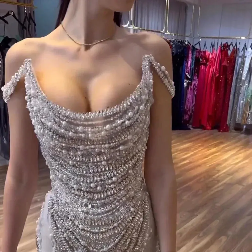 Luxury Crystal Silver Gray Mermaid Evening Dress SS403