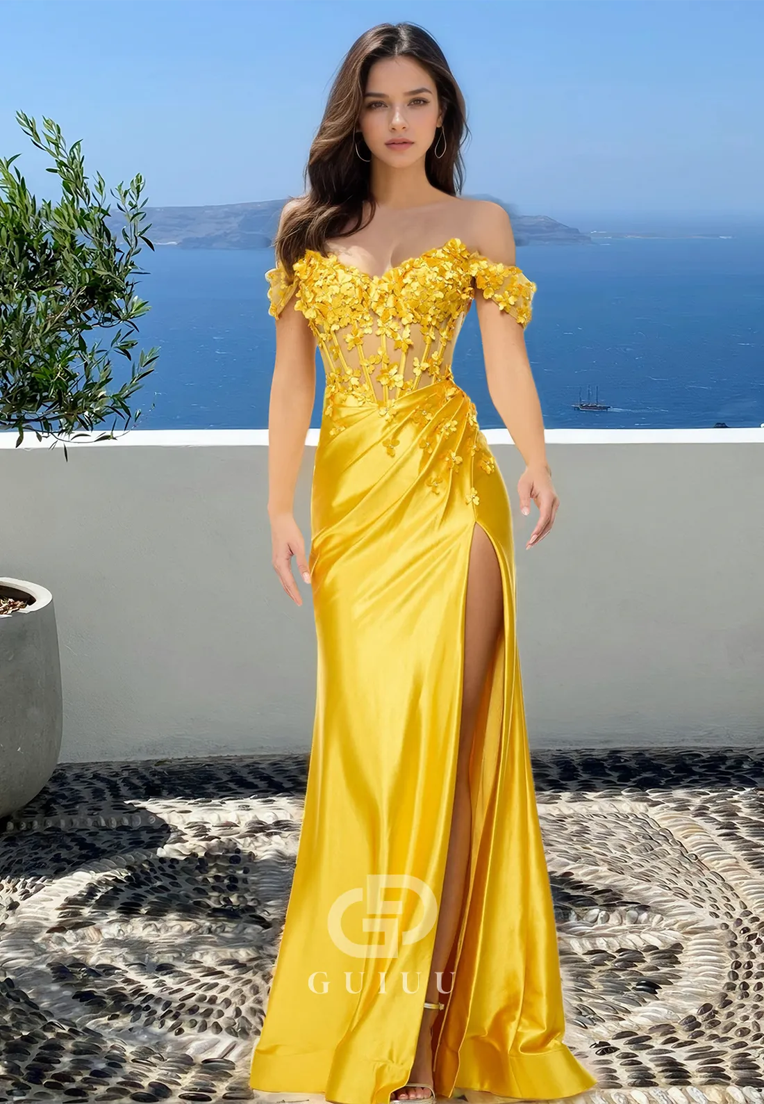 Marigold Off-Shoulder Cap Sleeveless Prom Dress with Appliques Slit Evening Party Dress