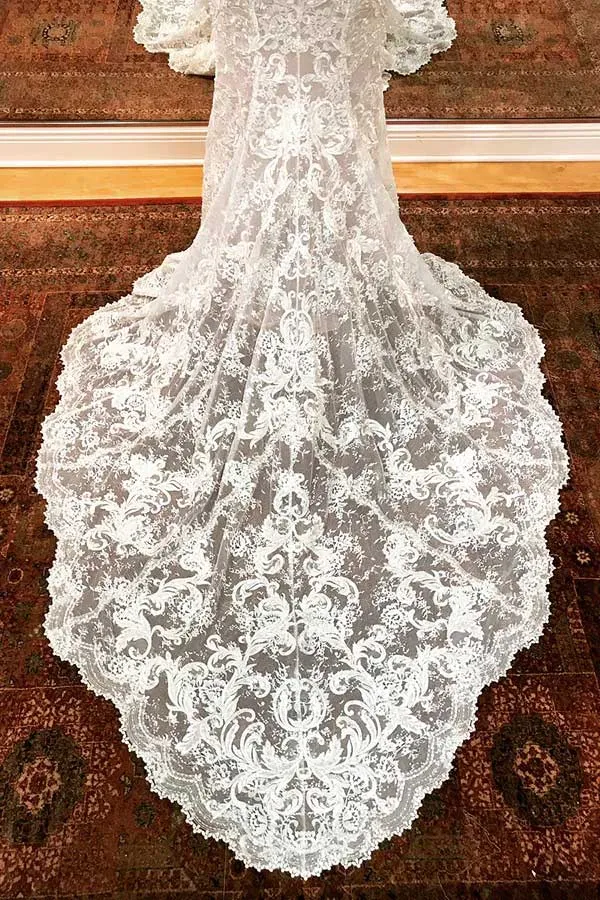 Mermaid V Neck Sheer Back Long Wedding Dress With Train WW266