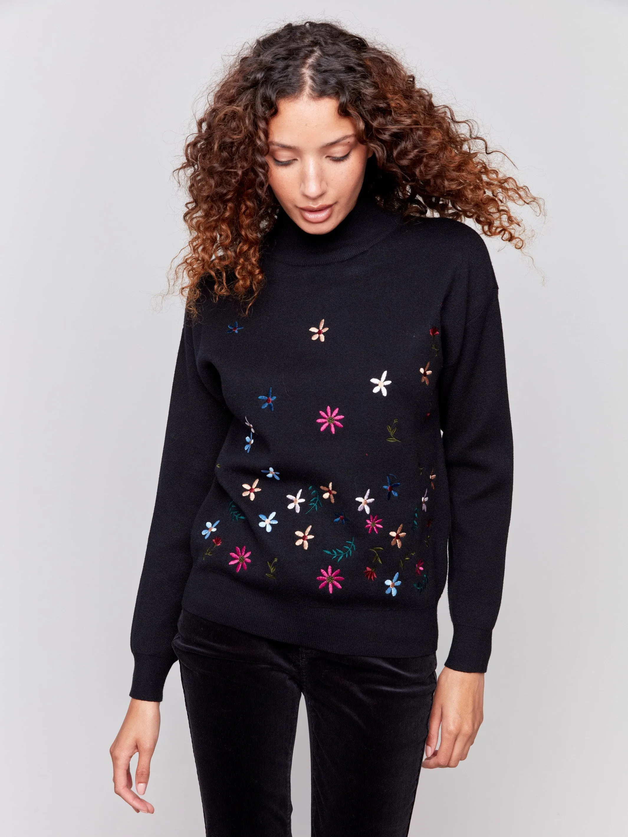 Mock Neck Sweater with Embroidered Flowers - Black