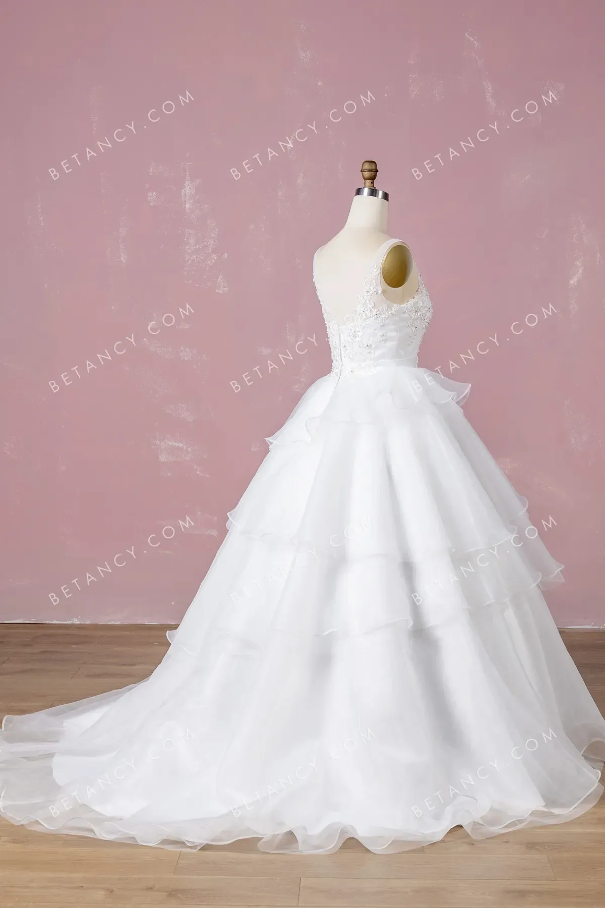 Modern Beaded Lace Tiered Organza Wedding Ball Gown