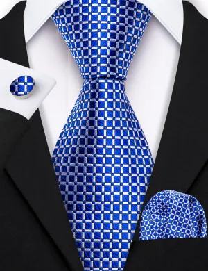 Modern Blue Plaid Silk Tie Set with Pocket Square and Cufflinks