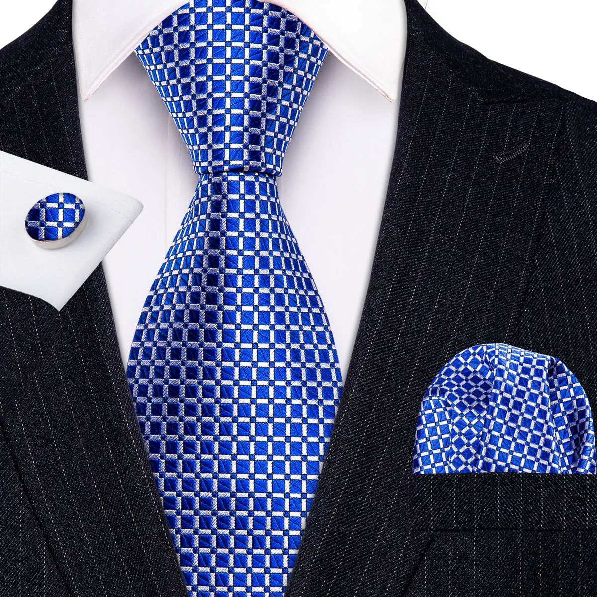 Modern Blue Plaid Silk Tie Set with Pocket Square and Cufflinks