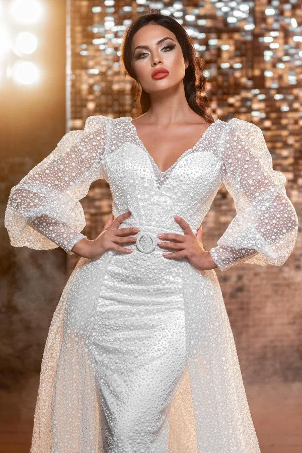 Modern Long V-neck Glitter Wedding Dresses With Long Sleeves