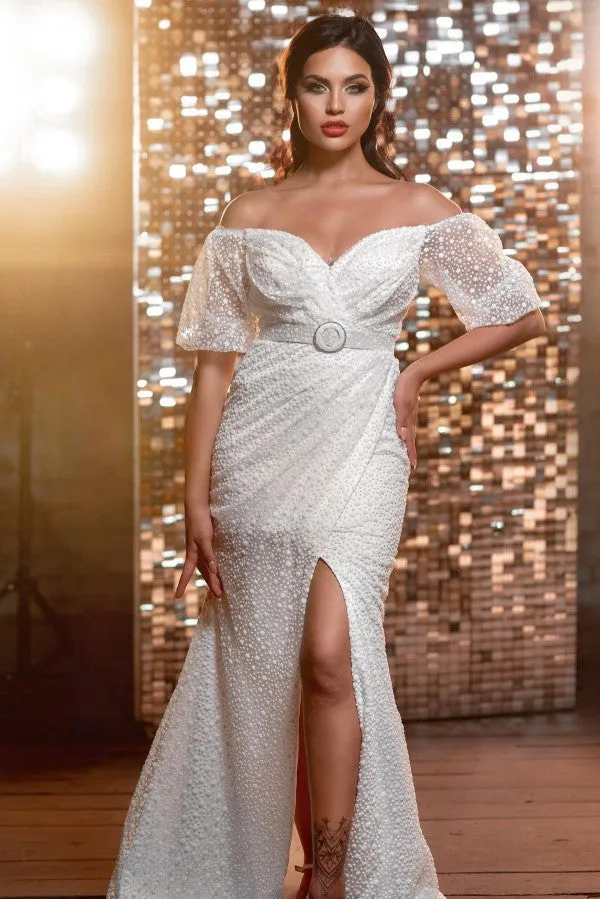 Modern Long V-neck Glitter Wedding Dresses With Long Sleeves