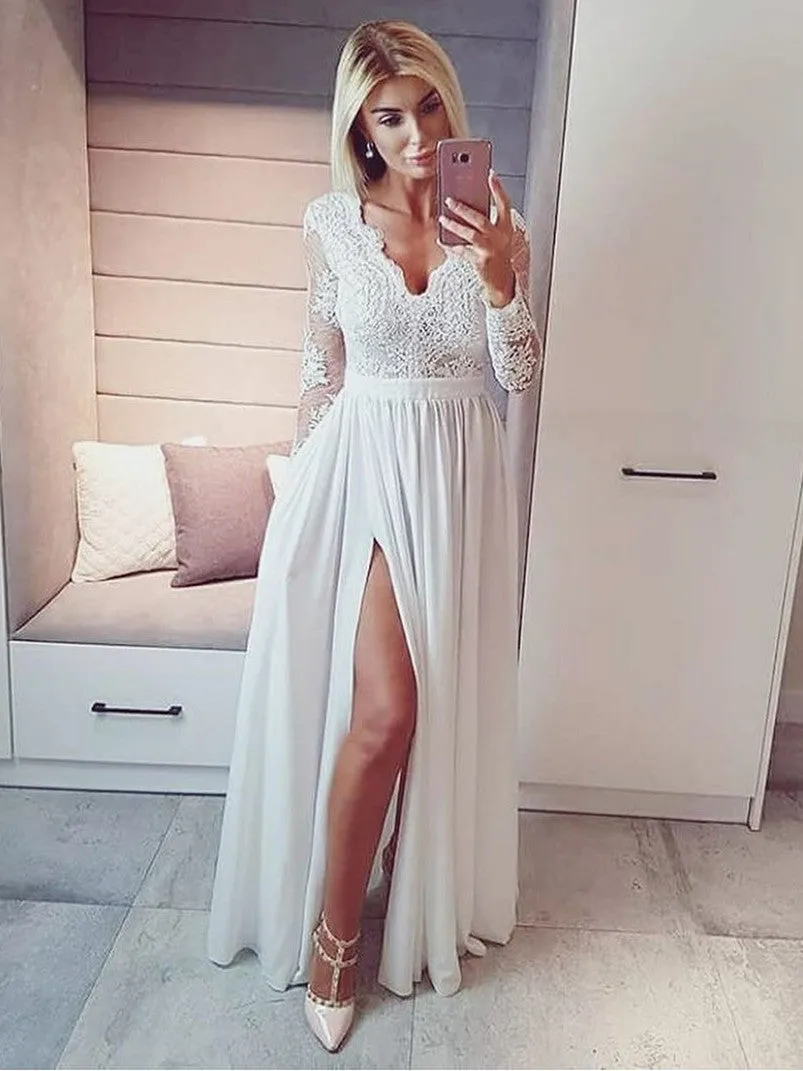 Modest Chiffon V-neck Long Sleeves A-line Wedding Gowns WD215