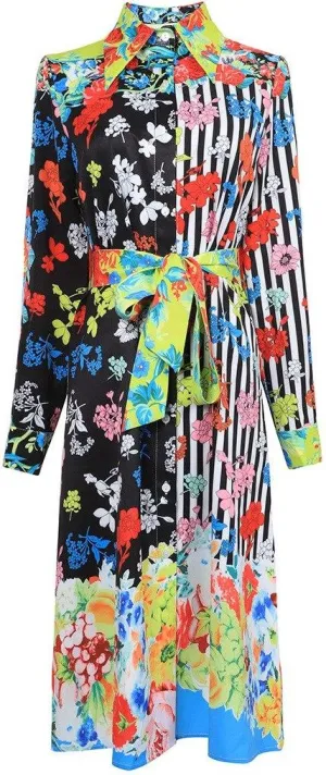 Multi Colored Floral Striped Printed Shirt-Dress