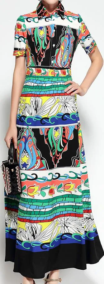 Multicolored Abstract-Printed Maxi Shirt-Dress