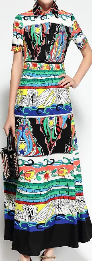 Multicolored Abstract-Printed Maxi Shirt-Dress