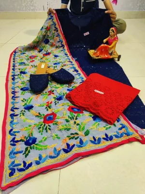 Navy Blue Cotton Phulkari Suit with Beautiful Chikan & Sequins Embroidery Work Shopping Online