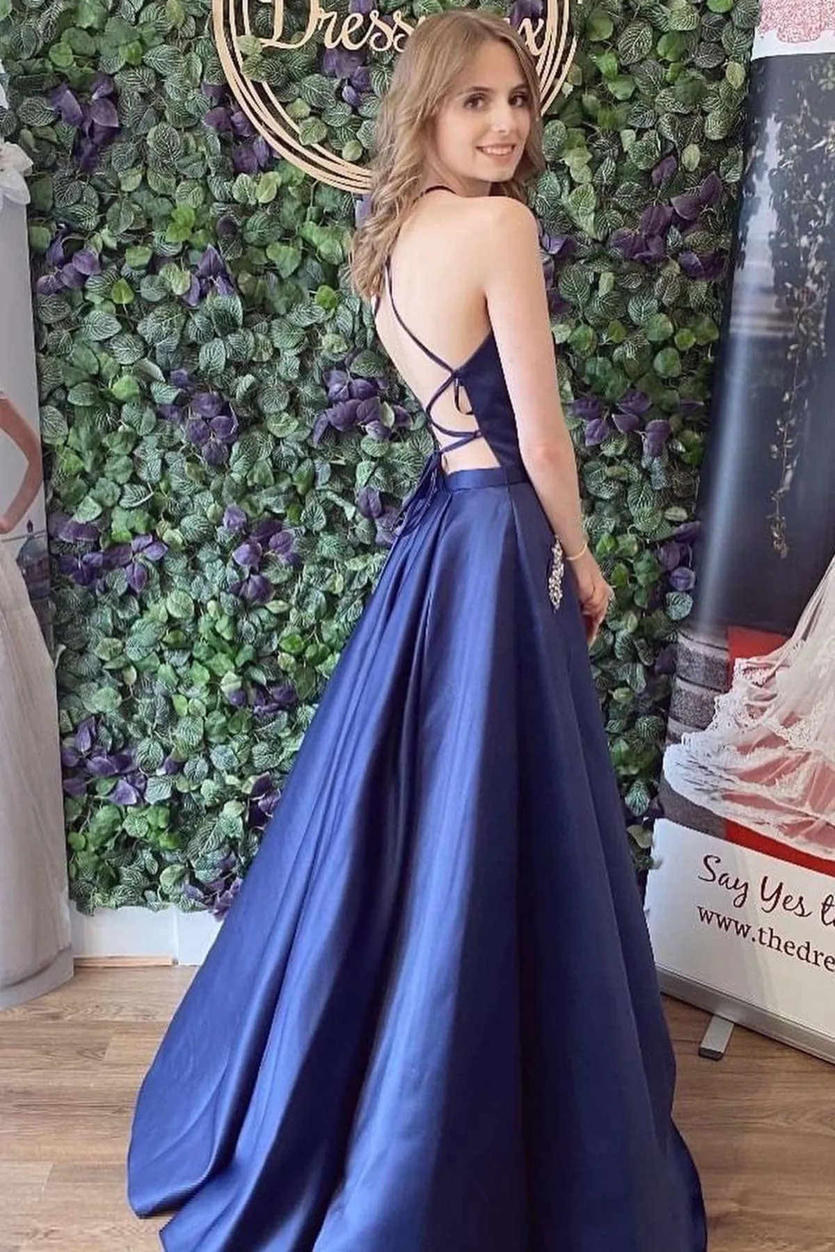 Navy Blue Satin Backless Long Prom Dresses with Pocket, Navy Blue Formal Graduation Evening Dresses WT1115