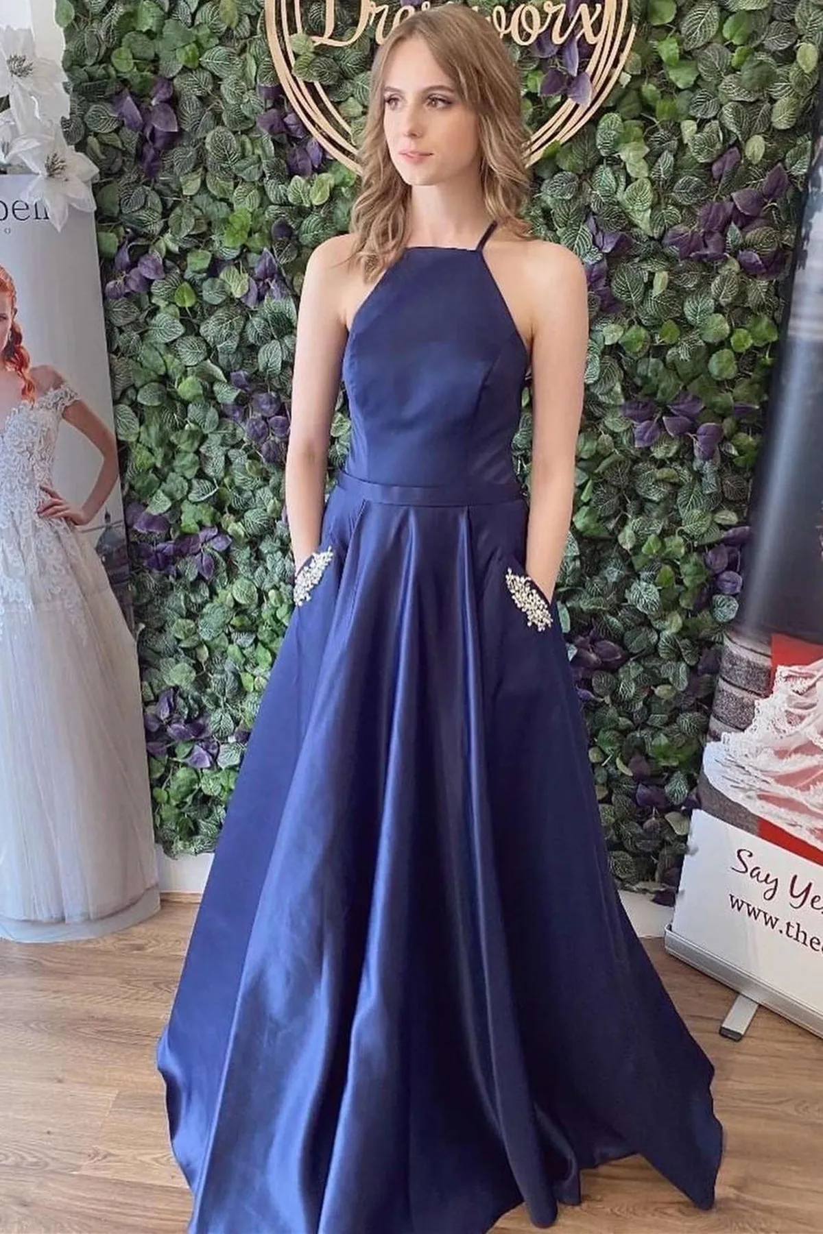 Navy Blue Satin Backless Long Prom Dresses with Pocket, Navy Blue Formal Graduation Evening Dresses WT1115