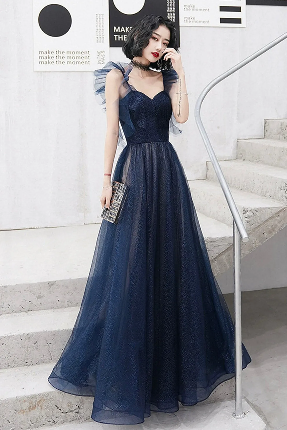 Navy Blue Tulle A Line Long Prom Dresses, Blue Tulle Formal Dresses, Long Navy Blue Evening Dresses WT1039