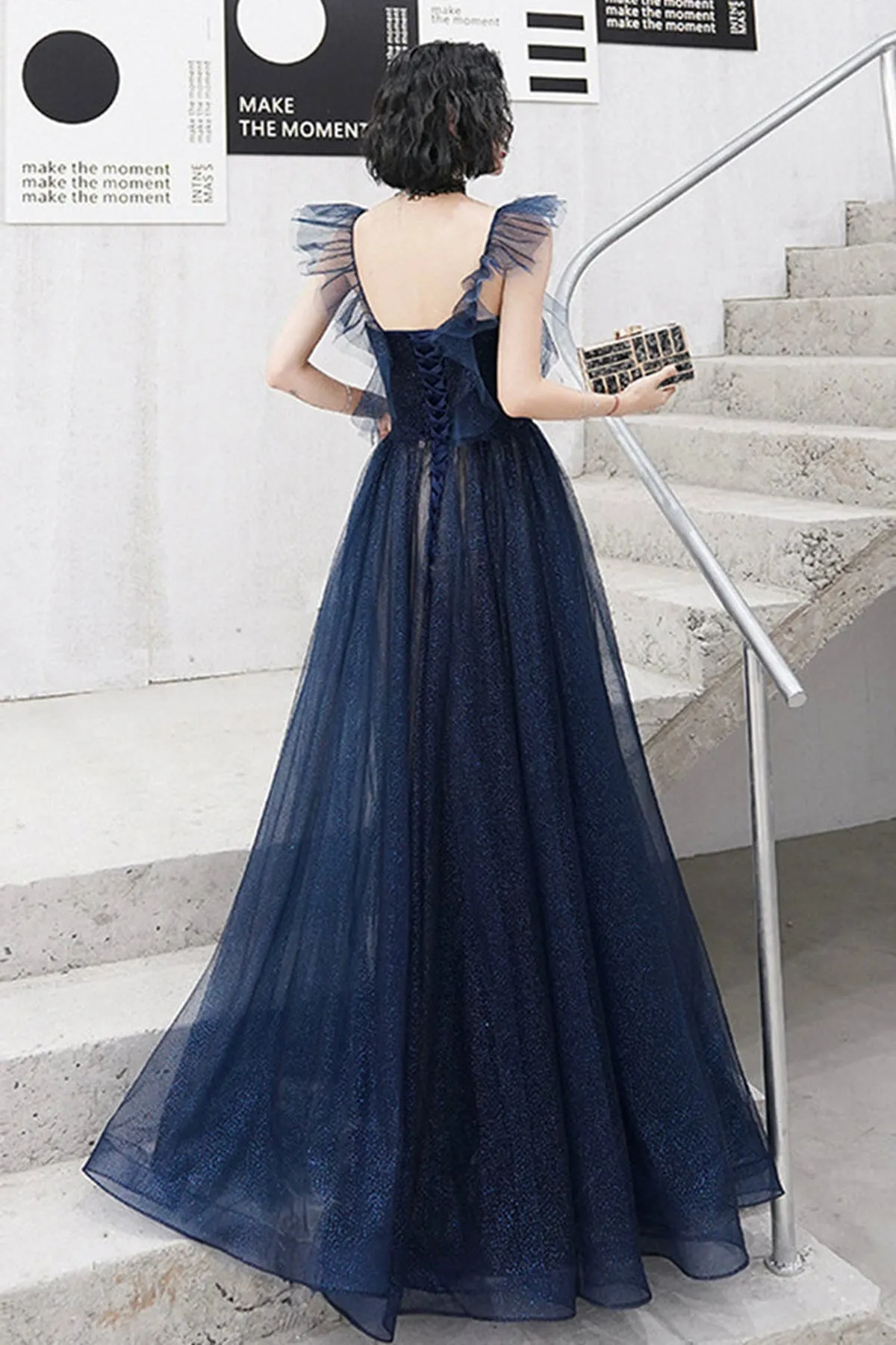 Navy Blue Tulle A Line Long Prom Dresses, Blue Tulle Formal Dresses, Long Navy Blue Evening Dresses WT1039