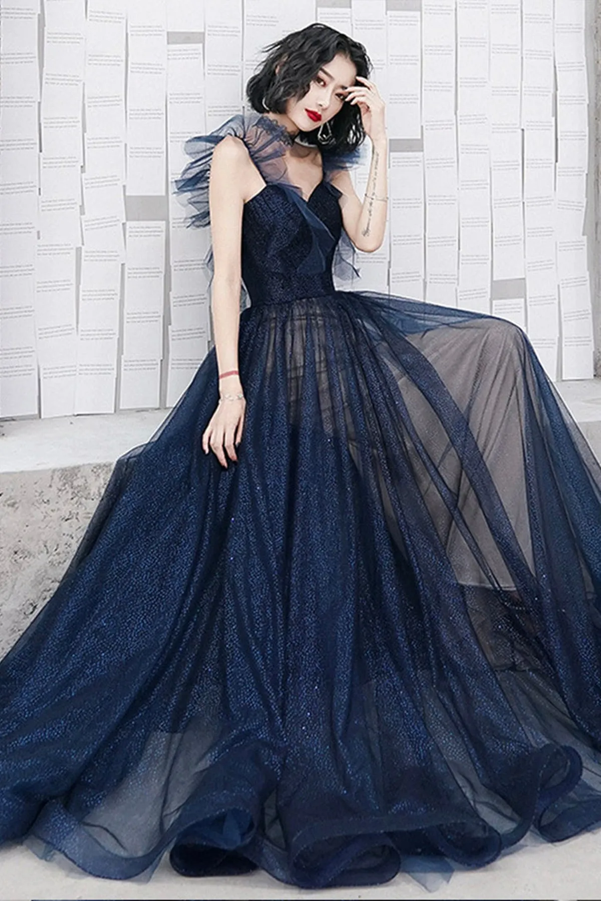 Navy Blue Tulle A Line Long Prom Dresses, Blue Tulle Formal Dresses, Long Navy Blue Evening Dresses WT1039