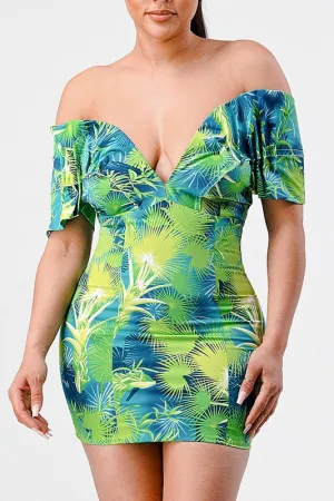 Neon garden off shoulder fitted dress