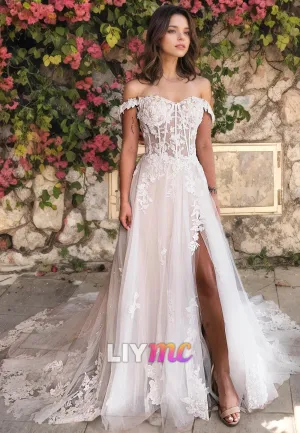 Off-Shouder Strapless Floral Embellished Tulle A-Line Beach Wedding Dress