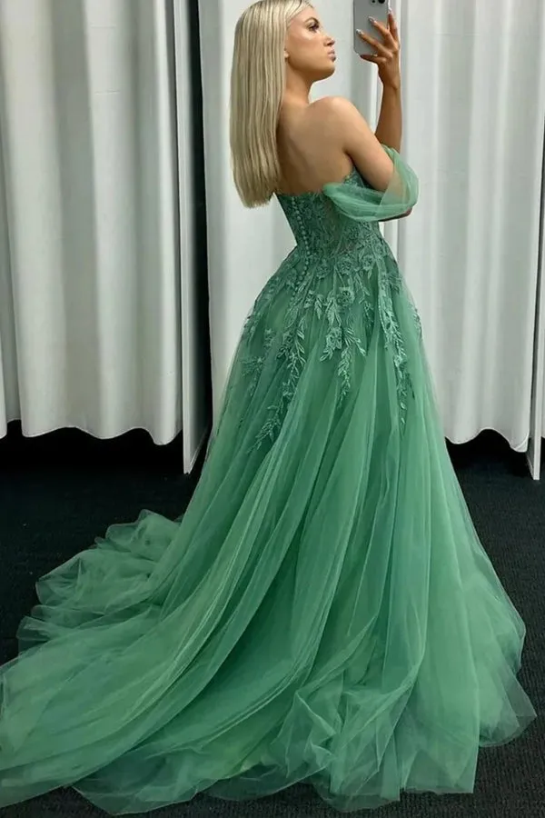 Off Shoulder Green Lace Long Prom Dresses,Green Formal dresses