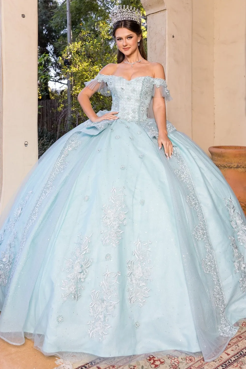 Off Shoulder Sweetheart Embellished Glitter Long Quinceanera Dress