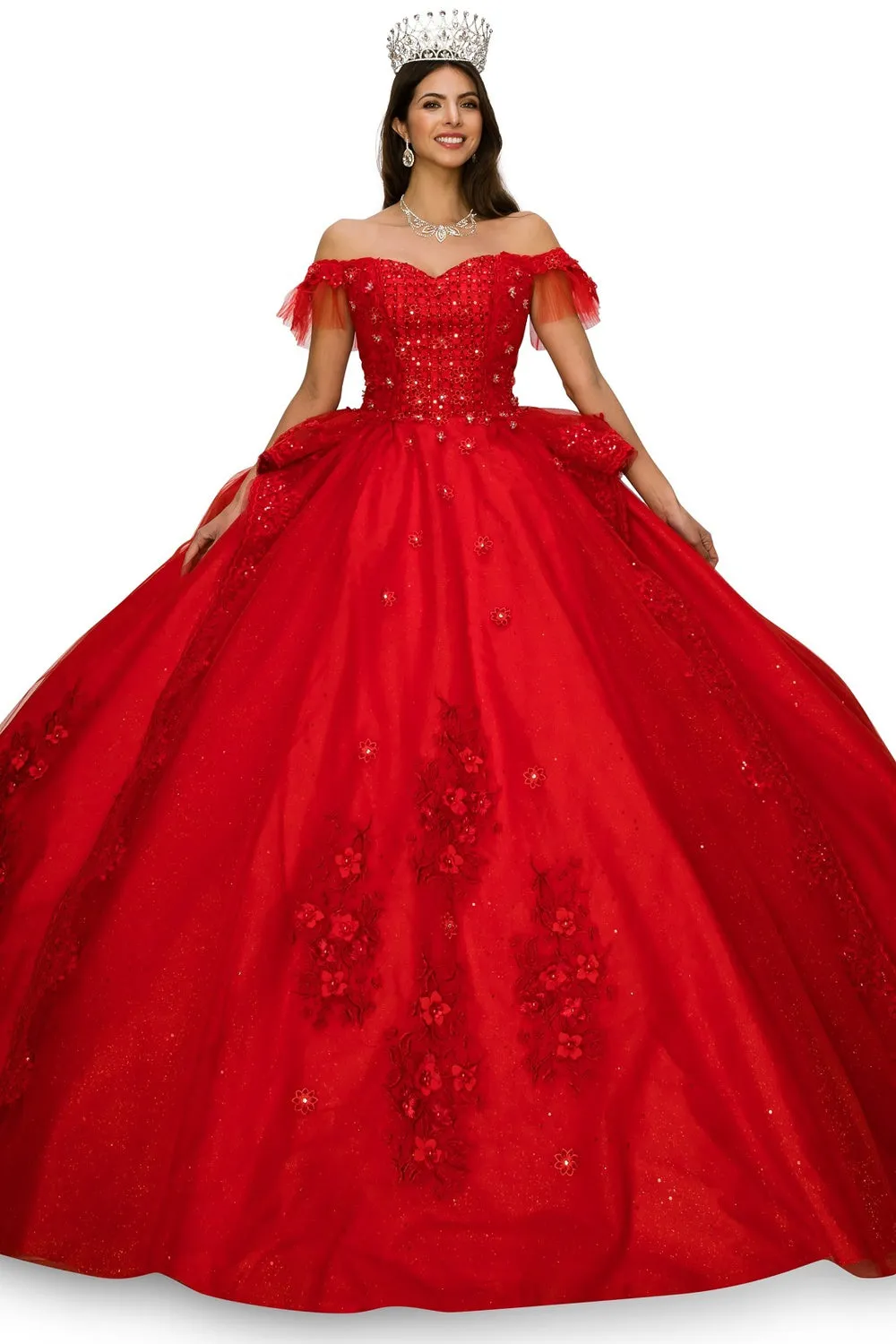 Off Shoulder Sweetheart Embellished Glitter Long Quinceanera Dress