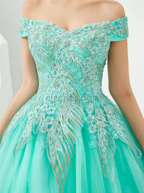 Off the Shoulder Unique Applique Long Prom Dresses SDP1185