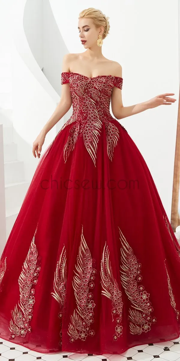 Off the Shoulder Unique Applique Long Prom Dresses SDP1185