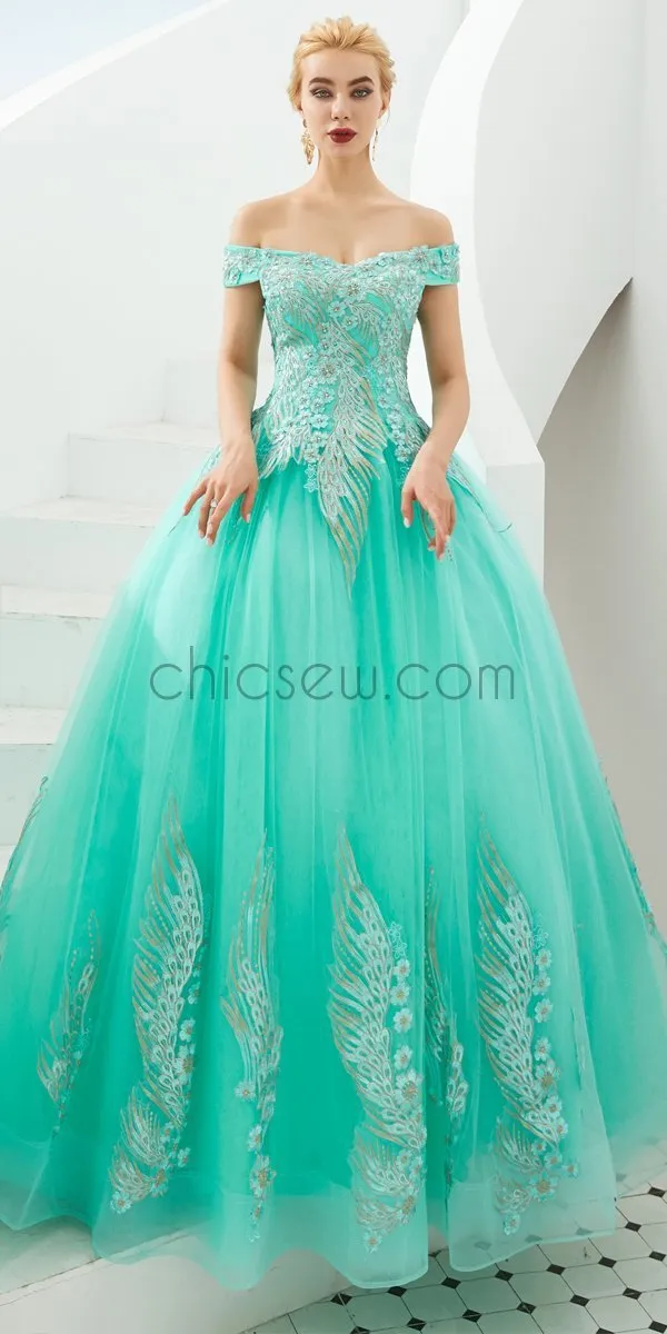 Off the Shoulder Unique Applique Long Prom Dresses SDP1185