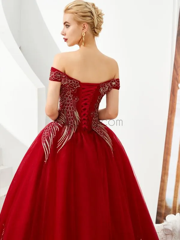 Off the Shoulder Unique Applique Long Prom Dresses SDP1185