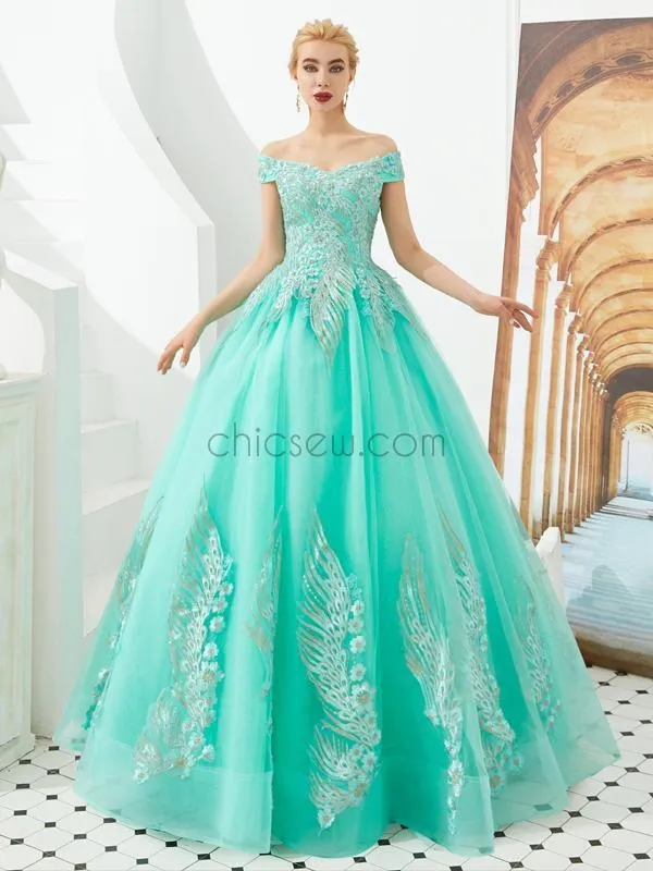 Off the Shoulder Unique Applique Long Prom Dresses SDP1185