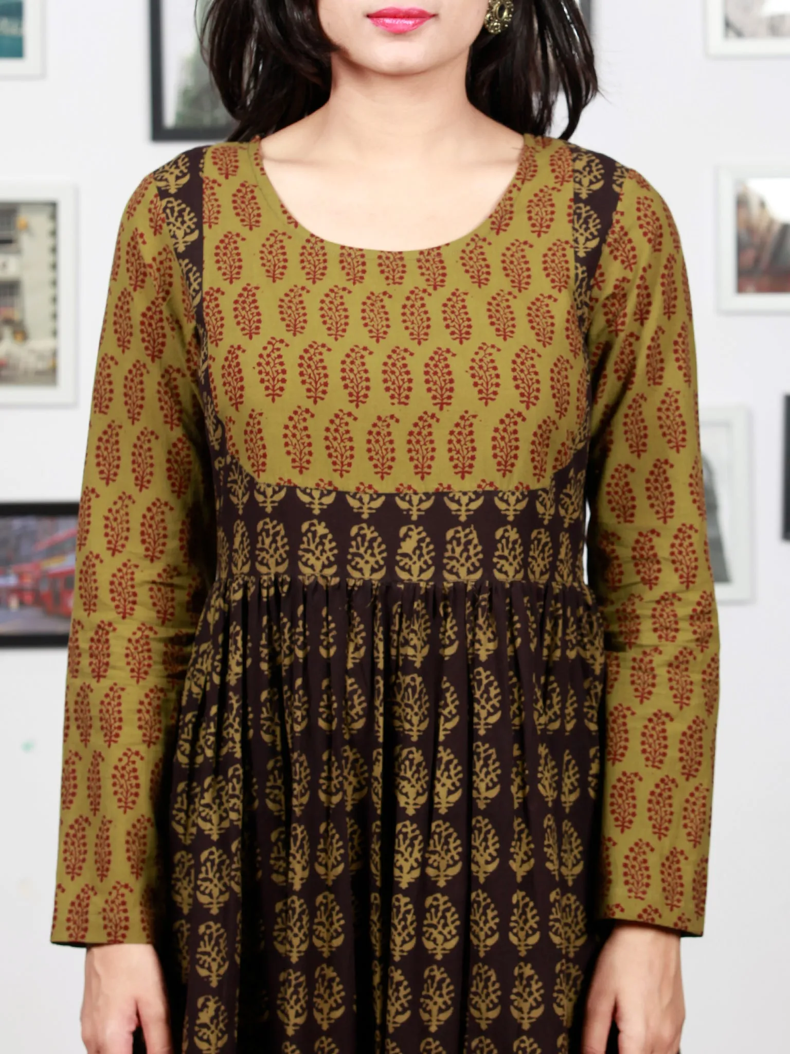 Olive Green Black Bagh Printed Cotton Long Tier Dress  - D135F1704