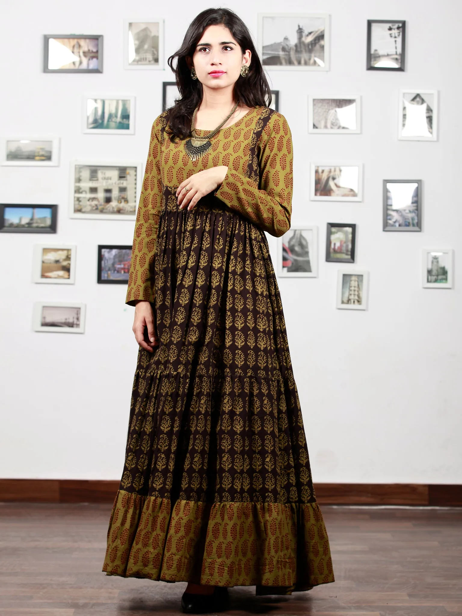 Olive Green Black Bagh Printed Cotton Long Tier Dress  - D135F1704