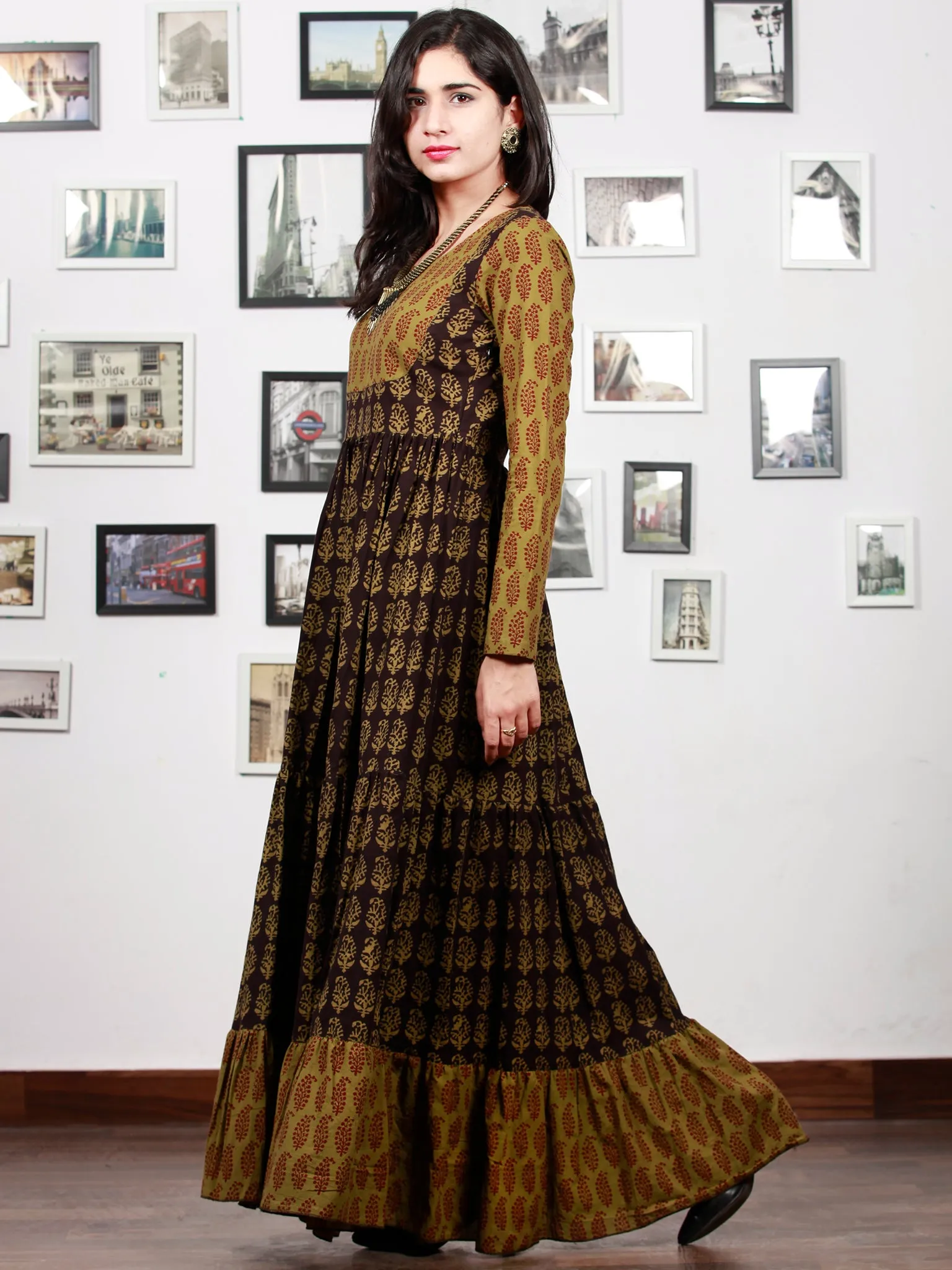 Olive Green Black Bagh Printed Cotton Long Tier Dress  - D135F1704