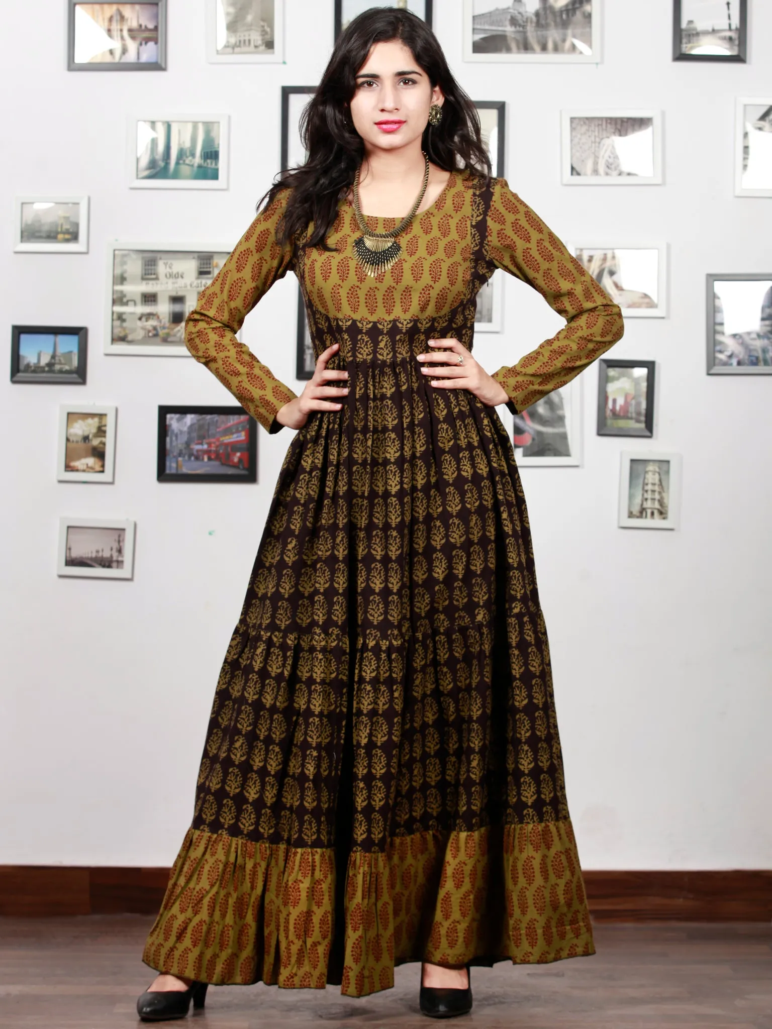 Olive Green Black Bagh Printed Cotton Long Tier Dress  - D135F1704