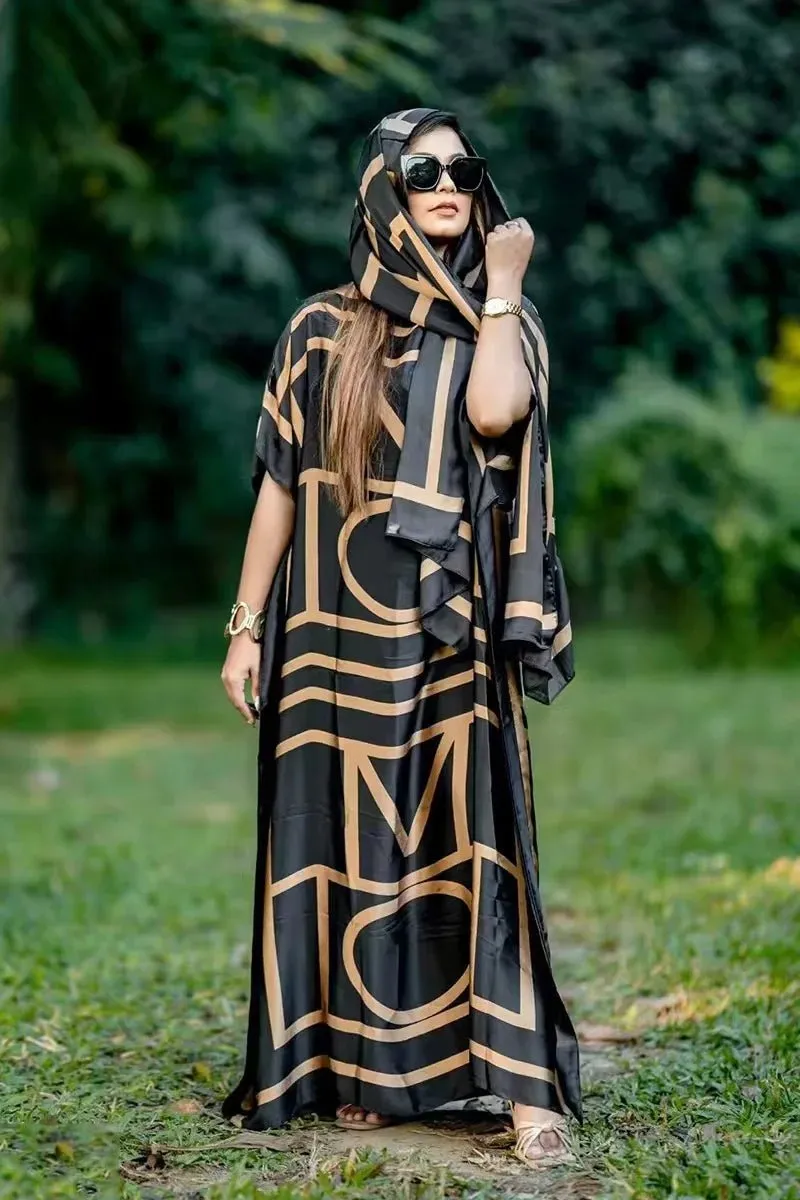 Oversized African Dashiki Abaya for Women – Print Design with Matching Scarf, Loose-Fit Long Dress