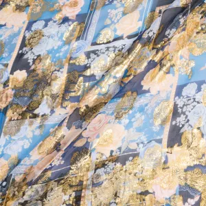 Peach & Blue Patchwork Printed Metallic Chiffon