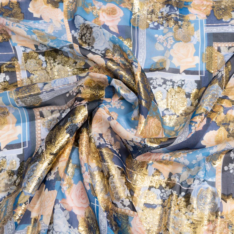 Peach & Blue Patchwork Printed Metallic Chiffon