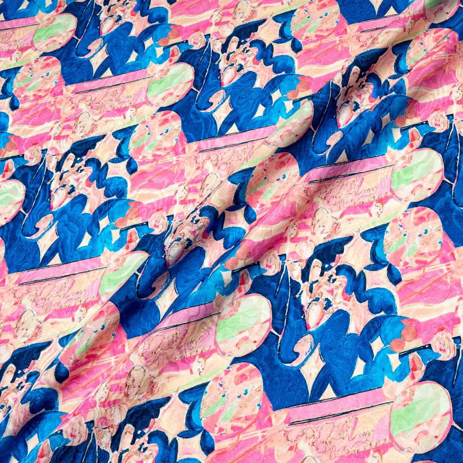 Pink & Blue Abstract Printed Silk Jacquard