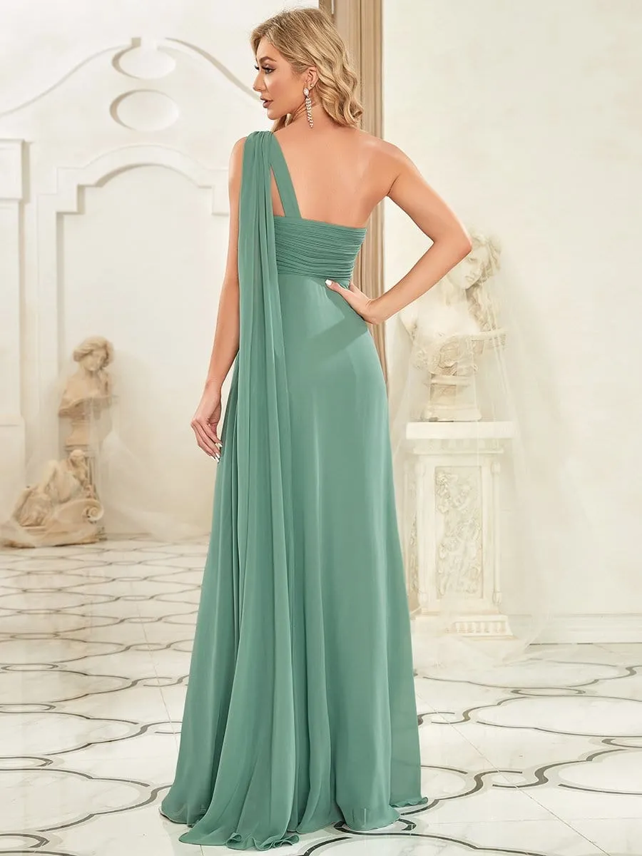 Pleated One Shoulder Long Chiffon Formal Evening Dress