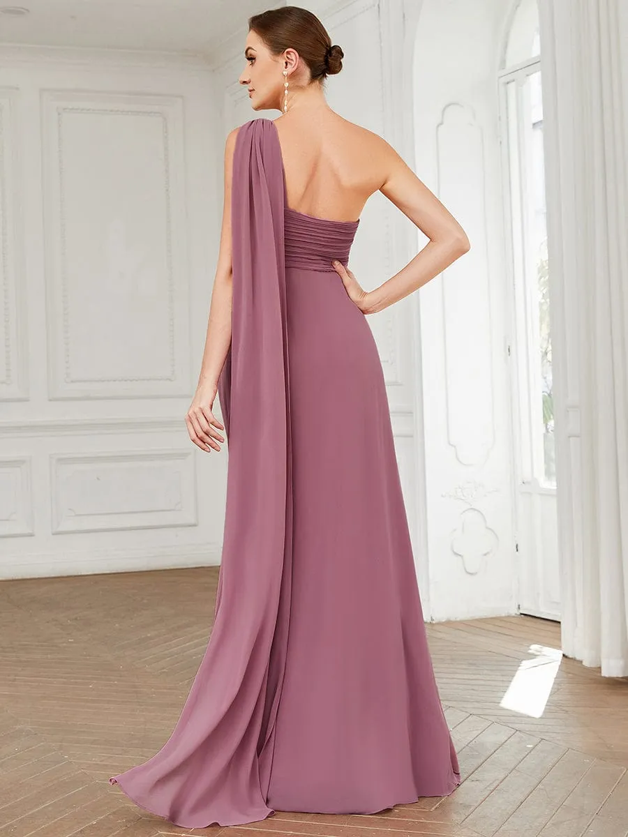 Pleated One Shoulder Long Chiffon Formal Evening Dress