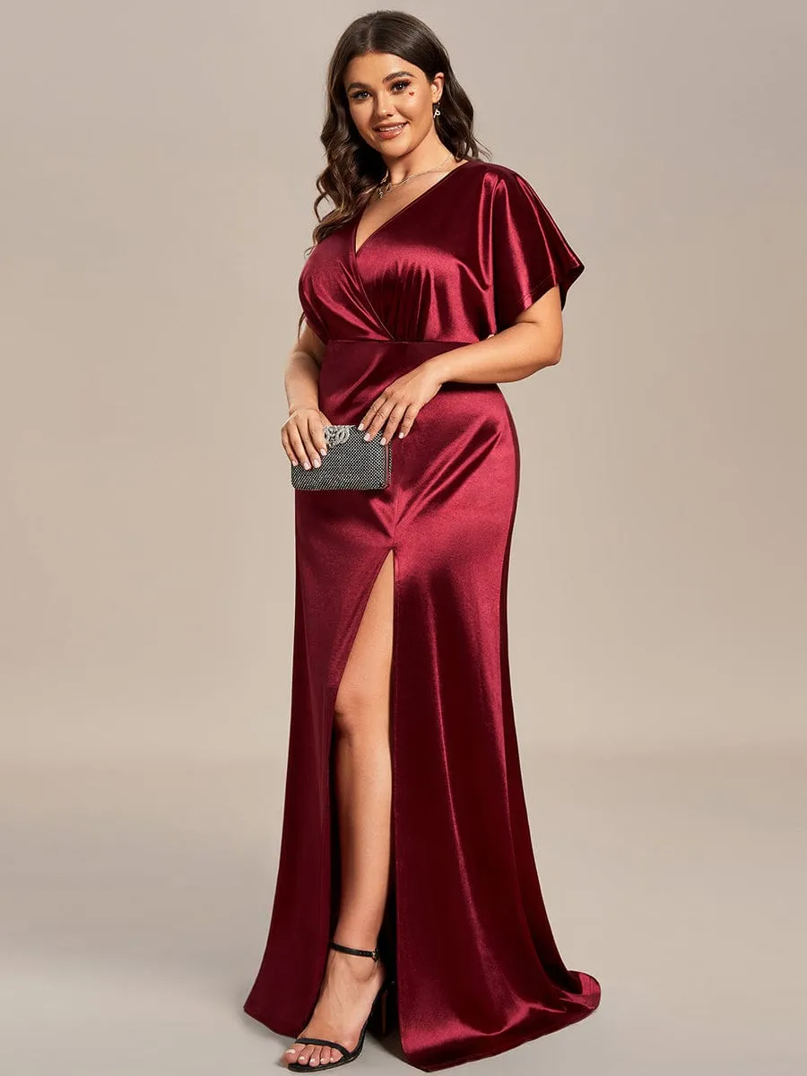 Plus Size High Front Slit Bat-Wing Sleeve Satin Evening Dress