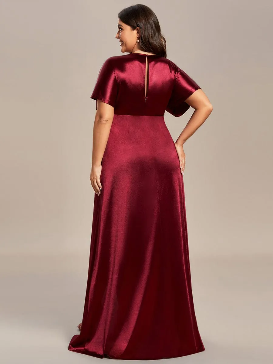 Plus Size High Front Slit Bat-Wing Sleeve Satin Evening Dress