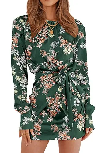 PRETTYGARDEN Women's 2023 Fall Satin Dress Long Sleeve Tie Waist Elegant Cocktail Party Mini Dresses (Dark Green,Small)